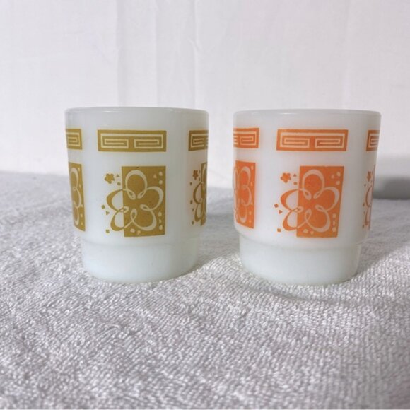 Vintage Anchor Hocking Yellow & Orange Atomic Cloud Pattern Stacking Mugs x2 - Picture 7 of 11